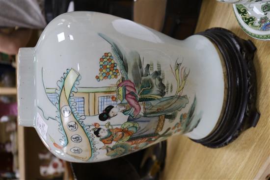 A large Chinese Republic period famille rose vase, wood stand H 35cm